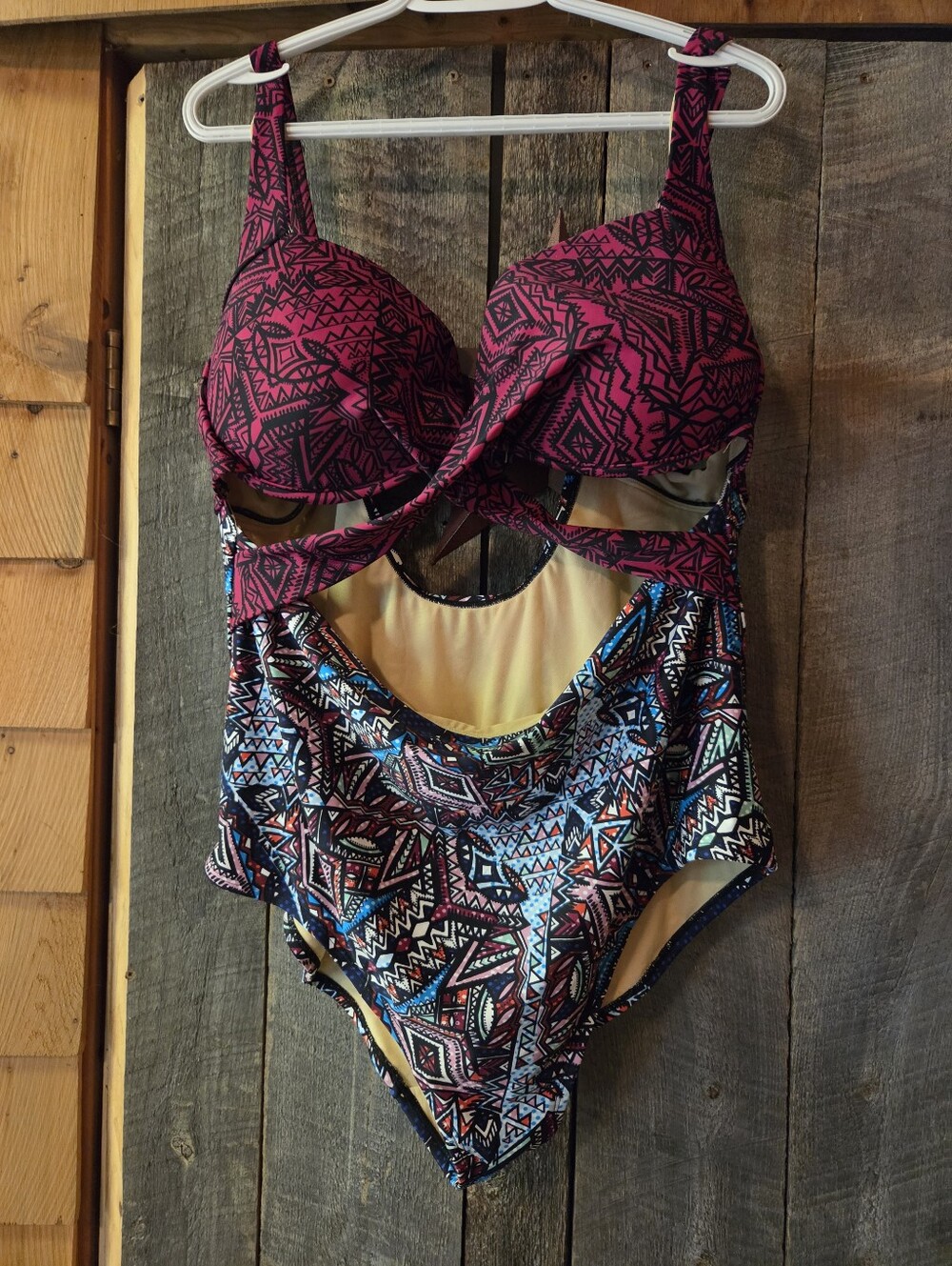 Womens Pink & Multicolor Patterned One-Piece Swimsuit